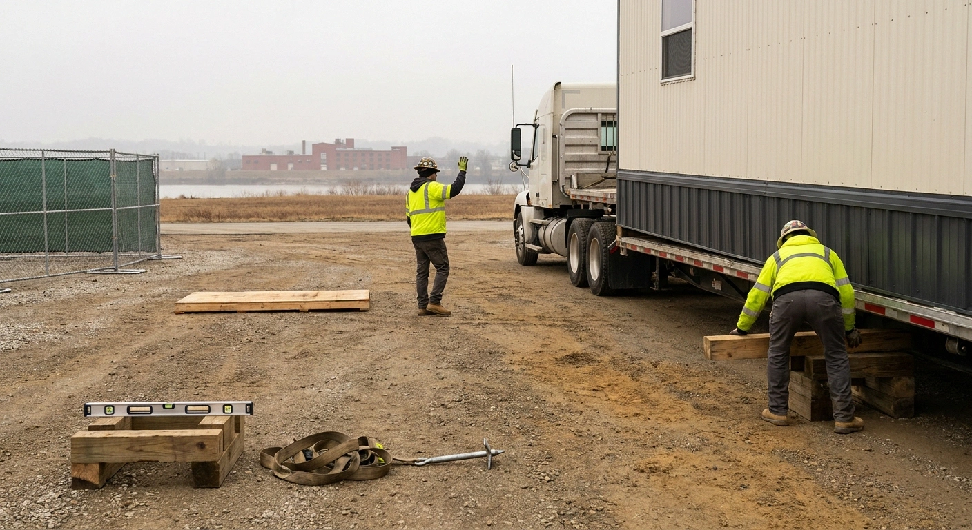 Flatbed truck offloading a 10x40 office trailer onto a compacted lot along an I-75 distribution corridor near Cincinnati with a two-person setup crew