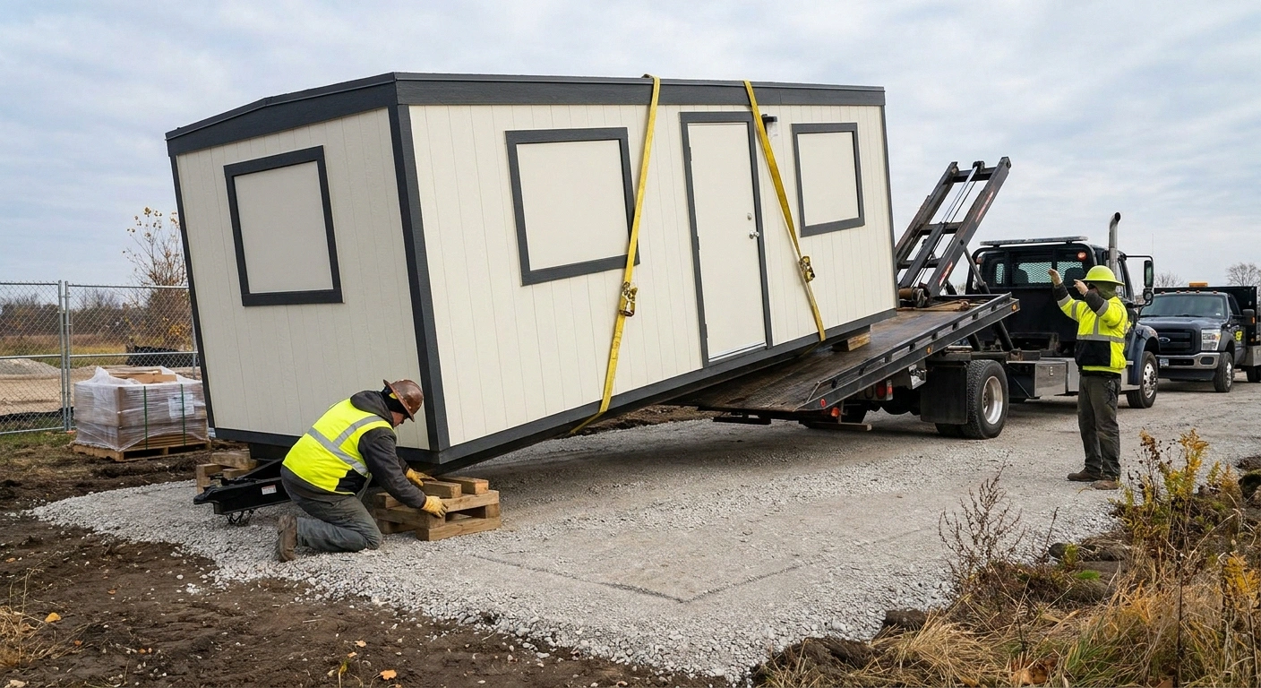 Flatbed offloading an 8x20 office trailer onto a leveled compacted-gravel pad at a Northeast Ohio jobsite