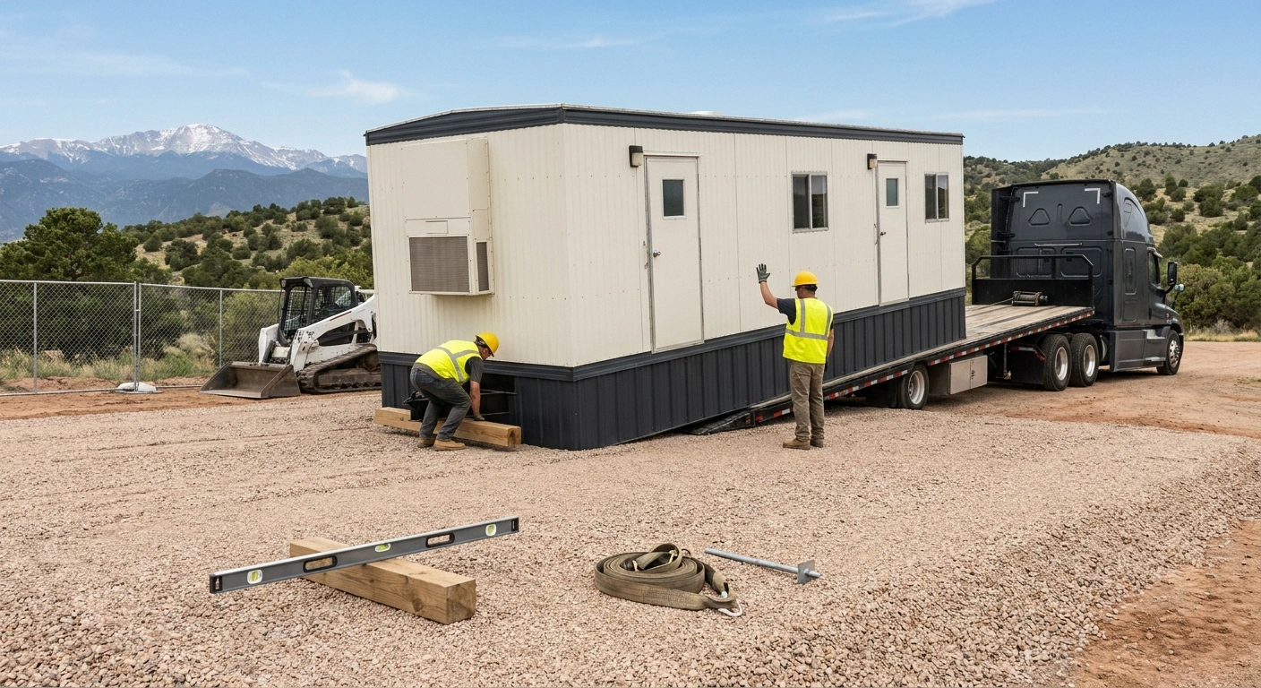 Flatbed truck offloading a 10x40 office trailer onto a gravel jobsite pad at altitude near Colorado Springs with a two-person setup crew placing cribbing