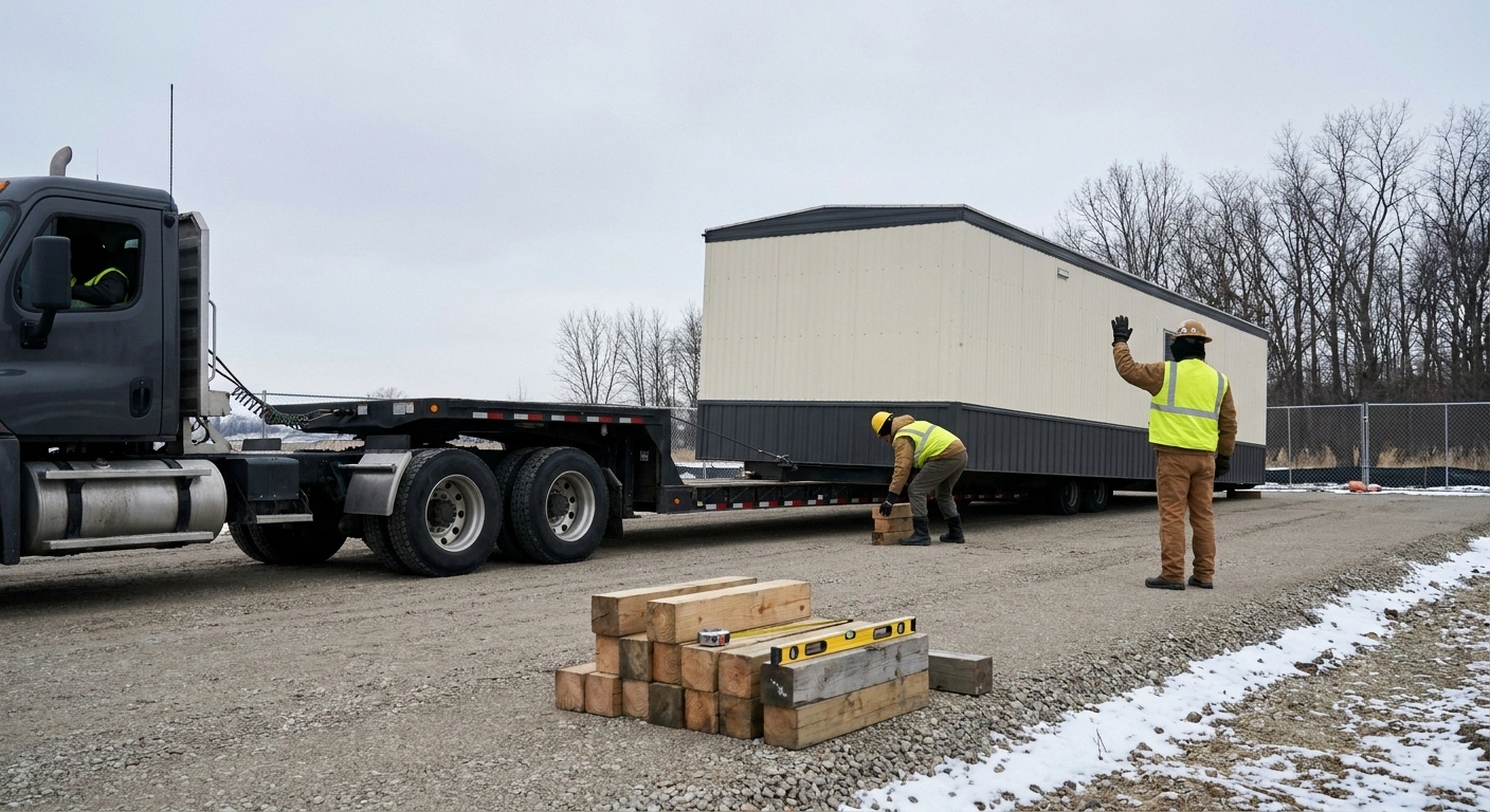 Flatbed truck offloading a 10x40 office trailer onto a compacted gravel pad at a Metro Detroit jobsite with a two-person setup crew