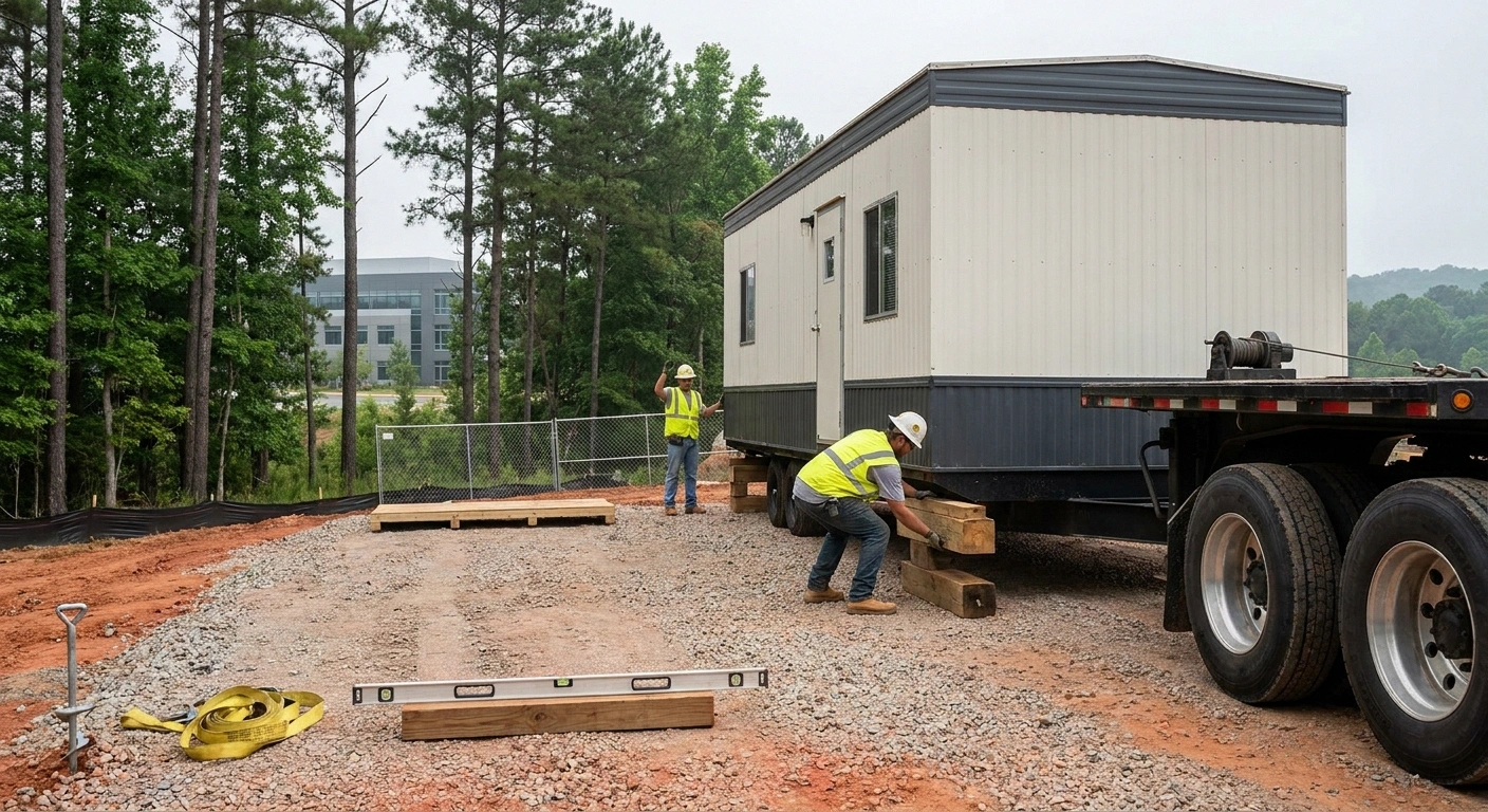 Flatbed truck offloading a 10x40 office trailer onto a compacted gravel pad at a Research Triangle Park expansion jobsite near Durham with a two-person setup crew