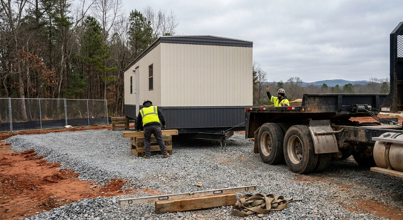 Flatbed truck offloading an 8x20 office trailer onto a compacted gravel pad at a Greensboro-area jobsite with a two-person setup crew