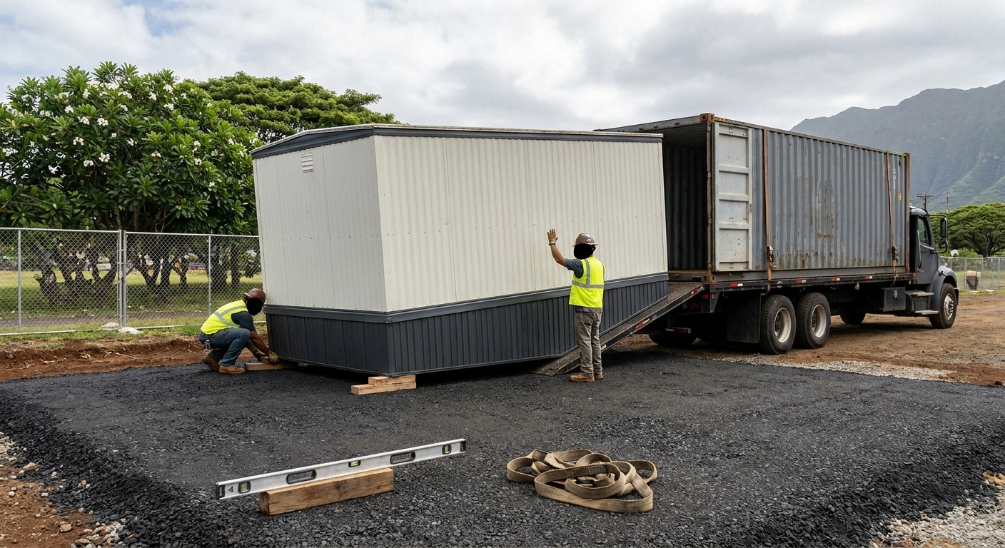 Matson container being offloaded from a truck onto a leveled compacted-gravel pad at an O'ahu jobsite with a two-person setup crew placing cribbing