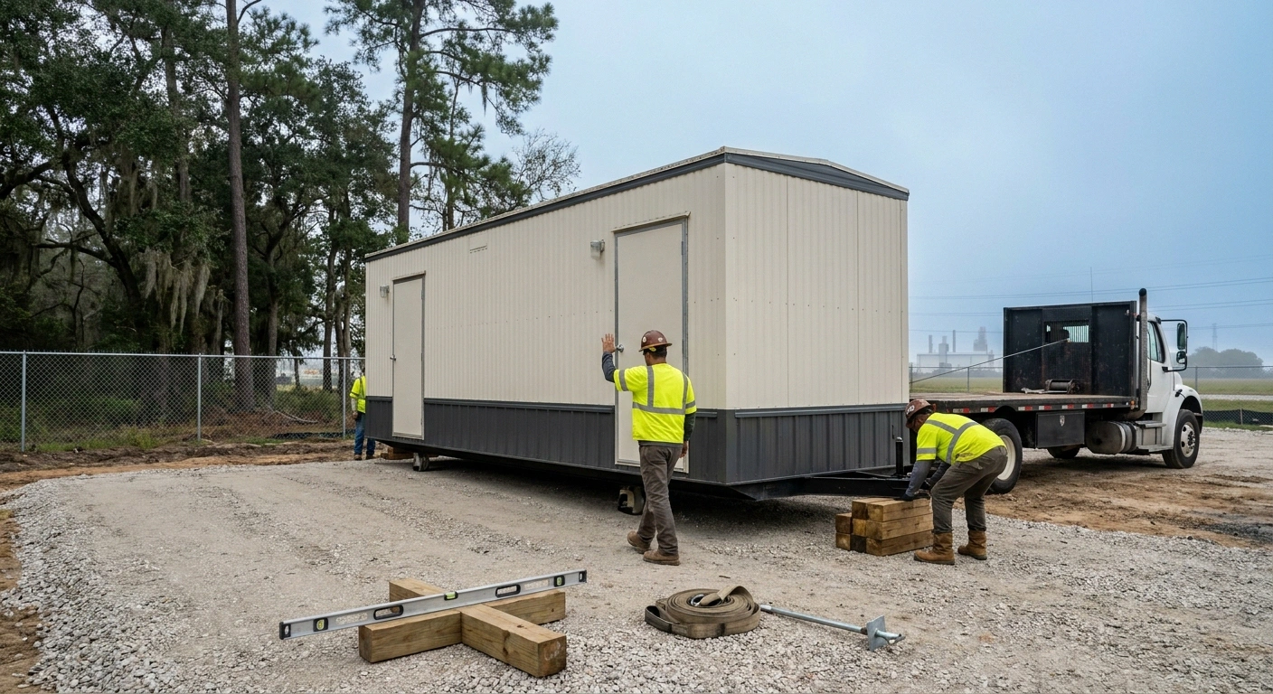 Flatbed truck offloading an 8x20 office trailer onto a compacted gravel pad at a Houston-area jobsite with a two-person setup crew
