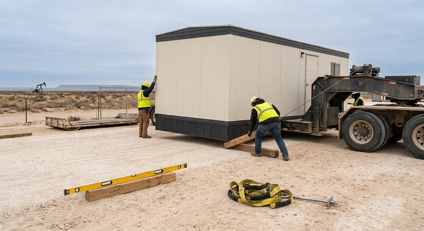 Flatbed truck offloading a 10x40 office trailer onto a caliche well-pad in the Permian Basin near Midland with a two-person setup crew