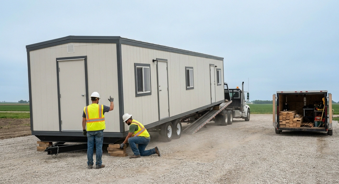 Flatbed truck offloading an office trailer onto a leveled gravel pad at an Ohio jobsite