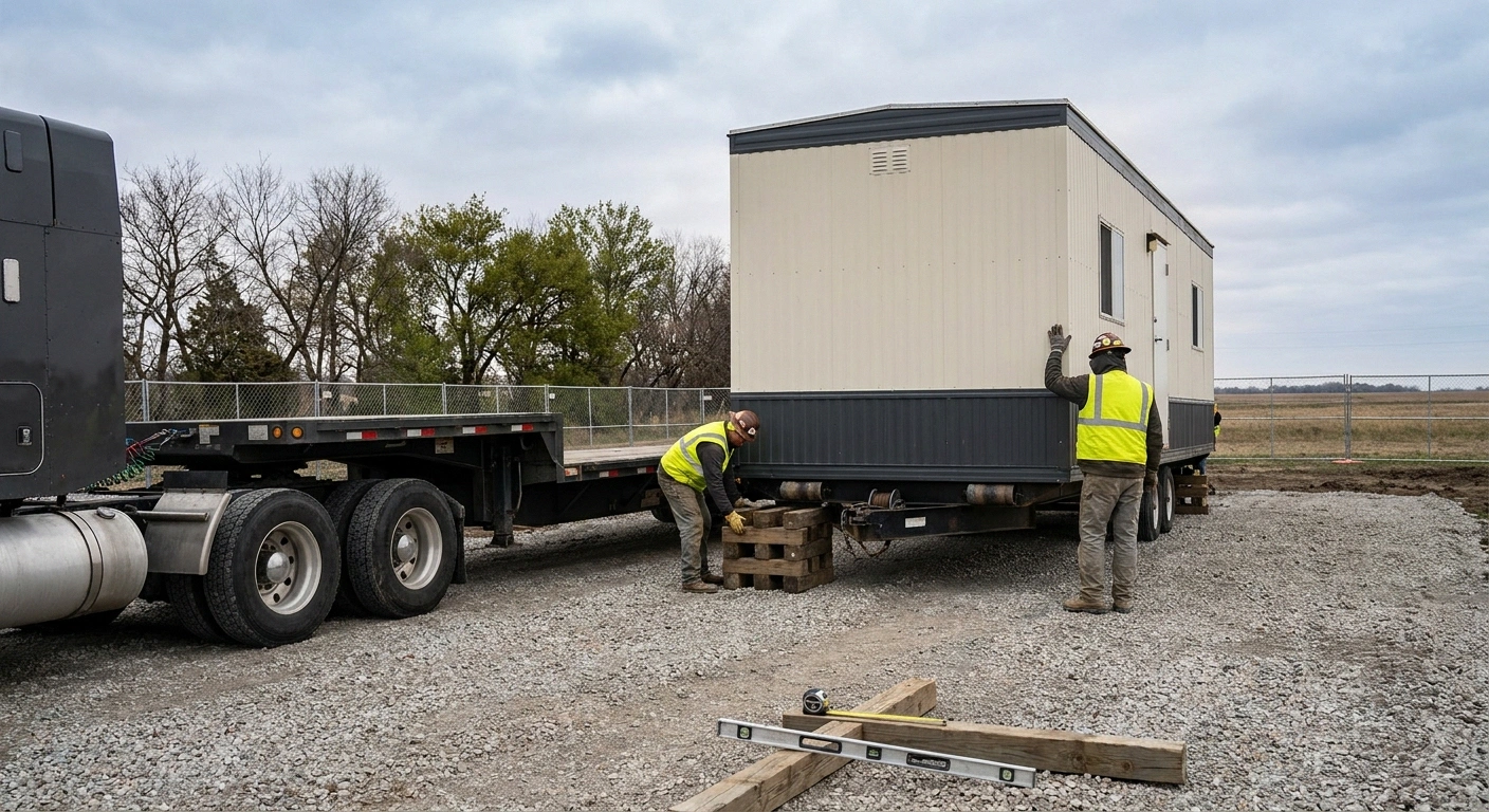 Flatbed truck offloading an 8x20 office trailer onto a compacted gravel pad at an Omaha-area jobsite with a two-person setup crew