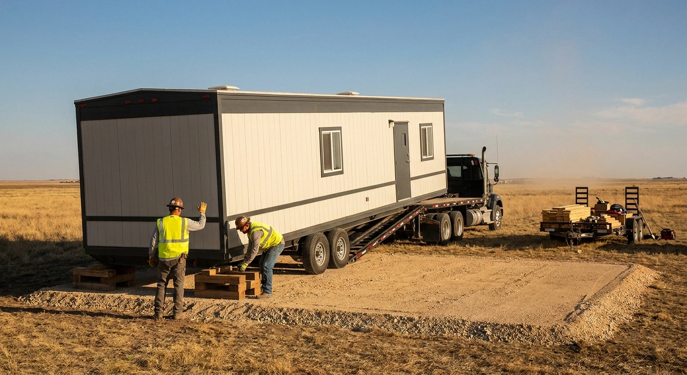 Flatbed truck offloading an office trailer onto a leveled gravel pad at a Texas jobsite