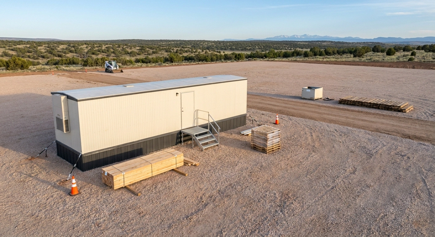 Front Range jobsite with a 12x60 wide-body office trailer staged on a gravel pad at altitude near Colorado Springs, Colorado