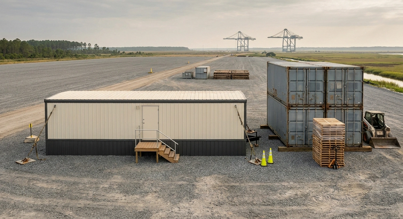 Hampton Roads port-corridor jobsite with a 12x60 wide-body office trailer staged near unbranded container cranes in Chesapeake, Virginia