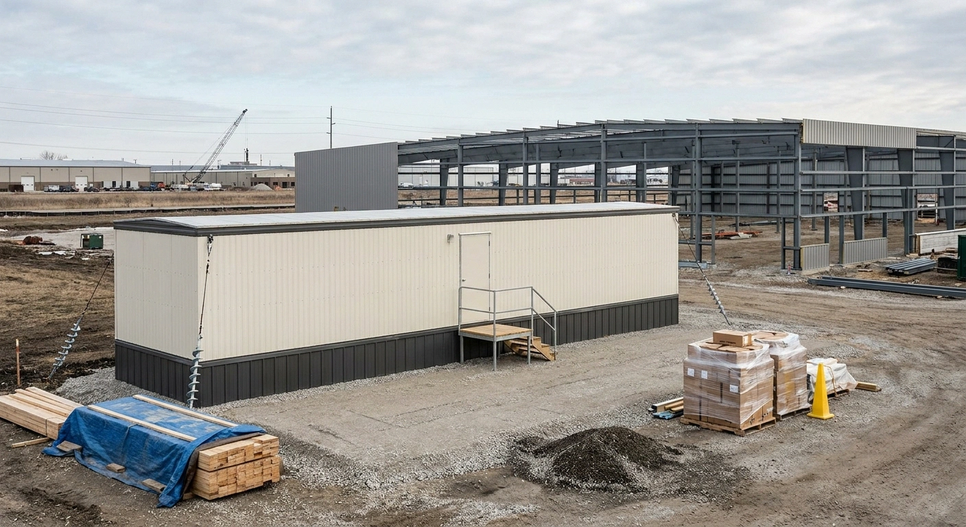 Metro Detroit auto-plant and infrastructure jobsite with a 12x60 office trailer staged on a leveled gravel pad