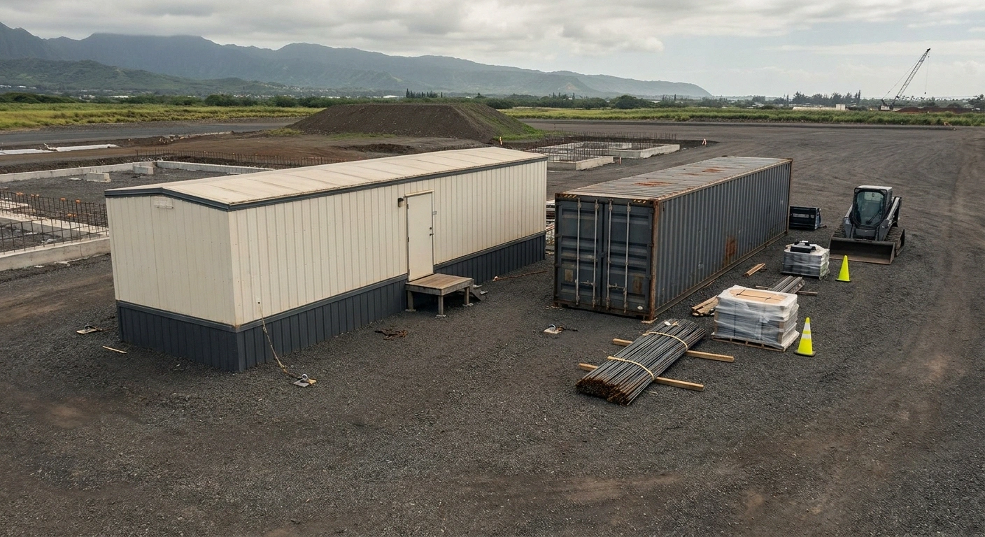 O'ahu jobsite with a 12x60 wide-body office trailer staged on a leveled basalt-gravel pad near a container-adjacent laydown area with the Ko'olau range silhouette in the distant background