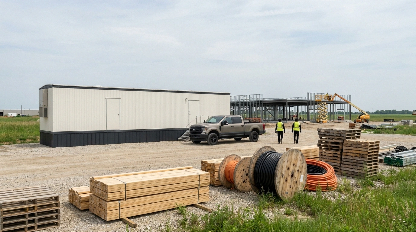 Ohio commercial jobsite with an office trailer staged on a compacted-gravel pad, flanked by a work truck and laydown yard