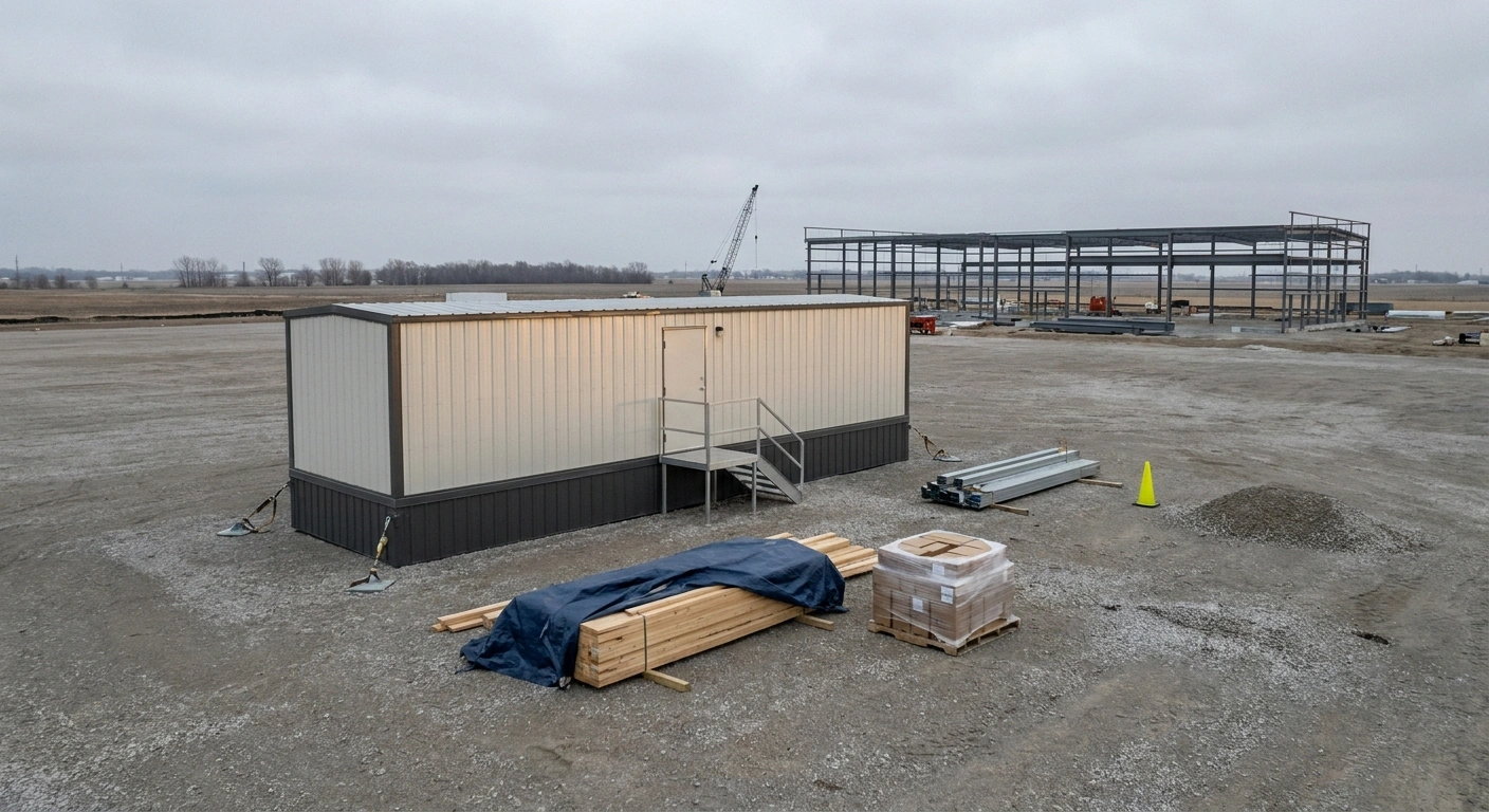 Omaha-area jobsite with a 10x40 office trailer staged on a leveled gravel pad in the Missouri River corridor