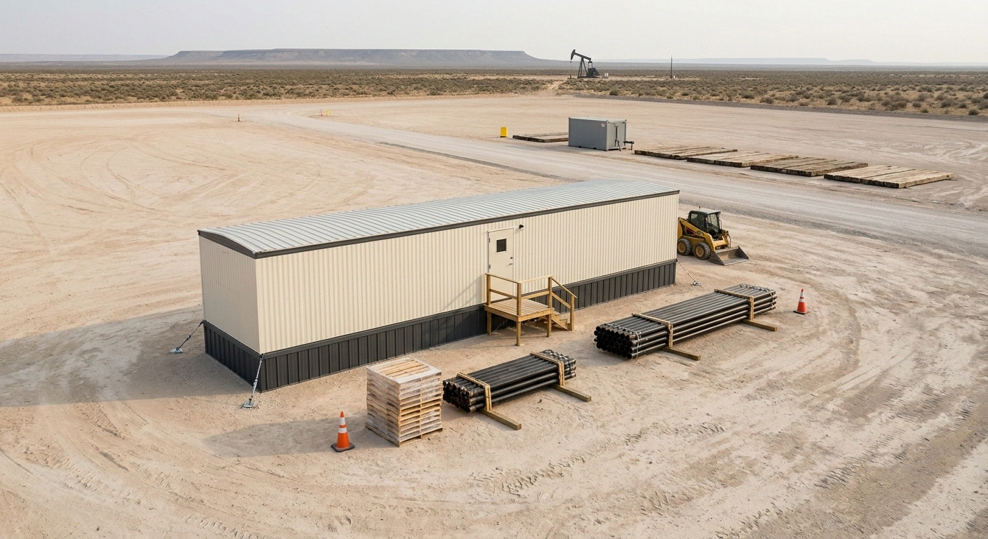 Permian Basin well-pad jobsite with a 12x60 wide-body office trailer staged on a caliche pad near Midland, Texas