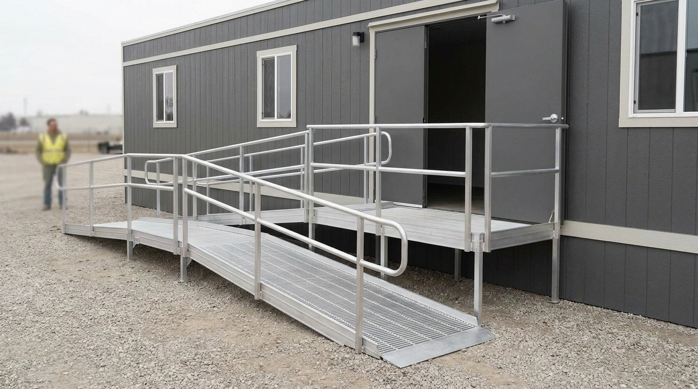 An ADA-style accessible ramp and wide entry door on a construction office trailer, with no signage or lettering