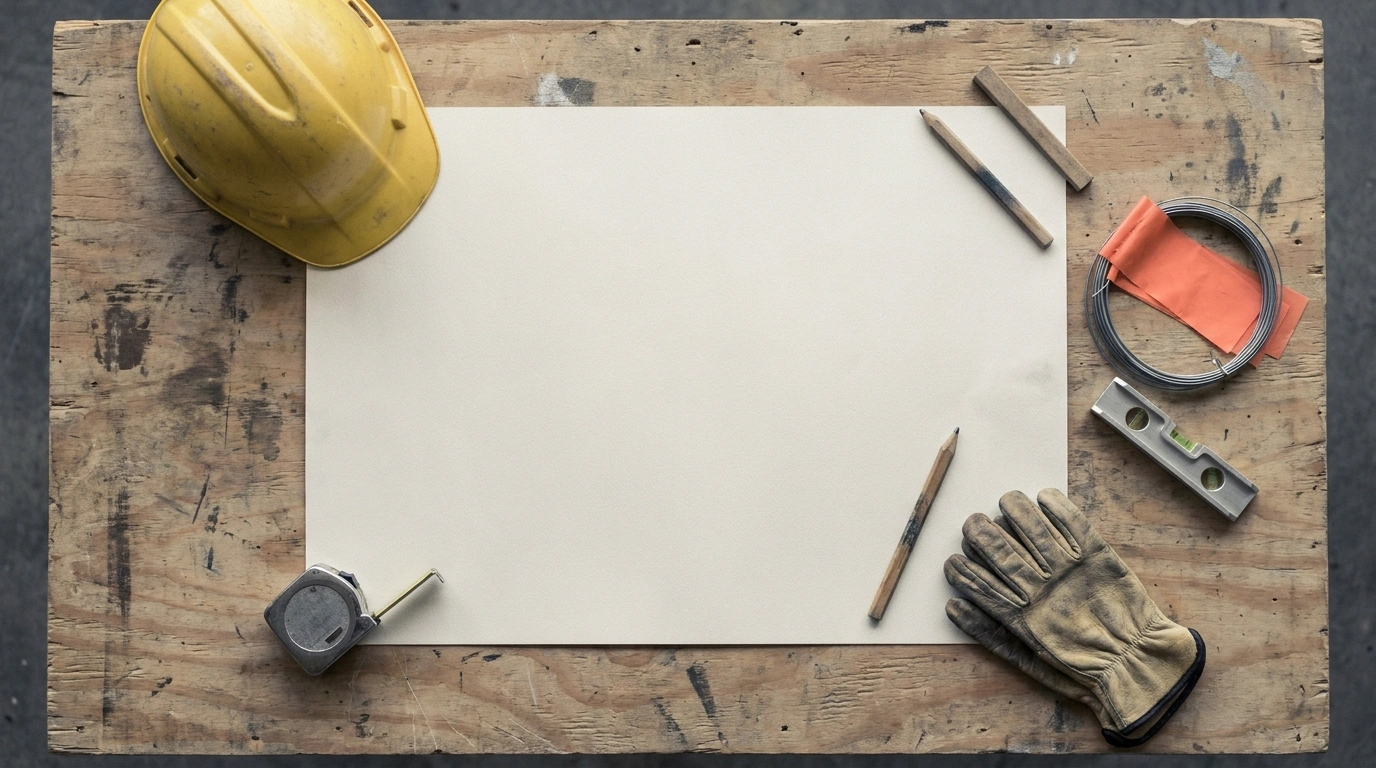 An overhead planning flatlay of a blank site plan, a hard hat, and drafting tools with no readable text, illustrating placement and compliance planning