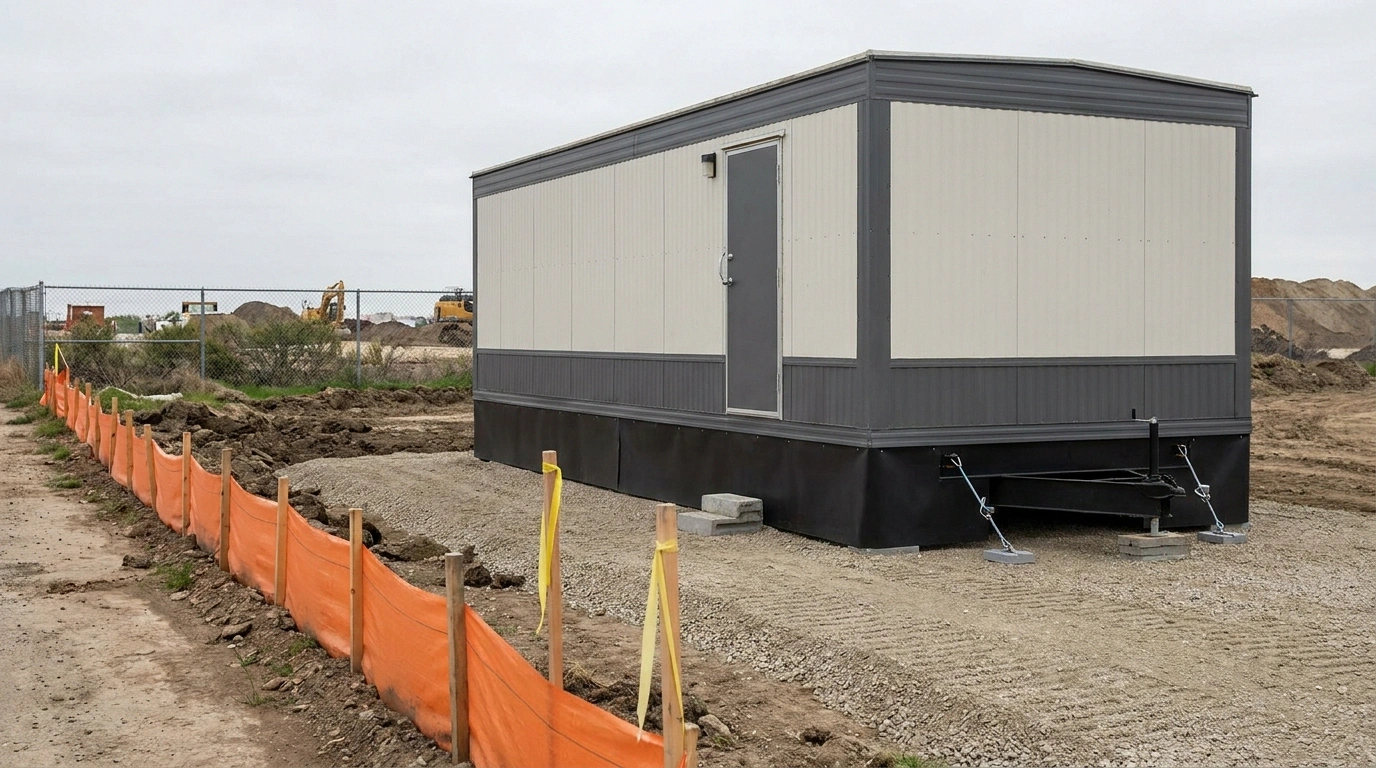A construction office trailer set on a graded gravel pad at the edge of an active jobsite, illustrating placement and permit context