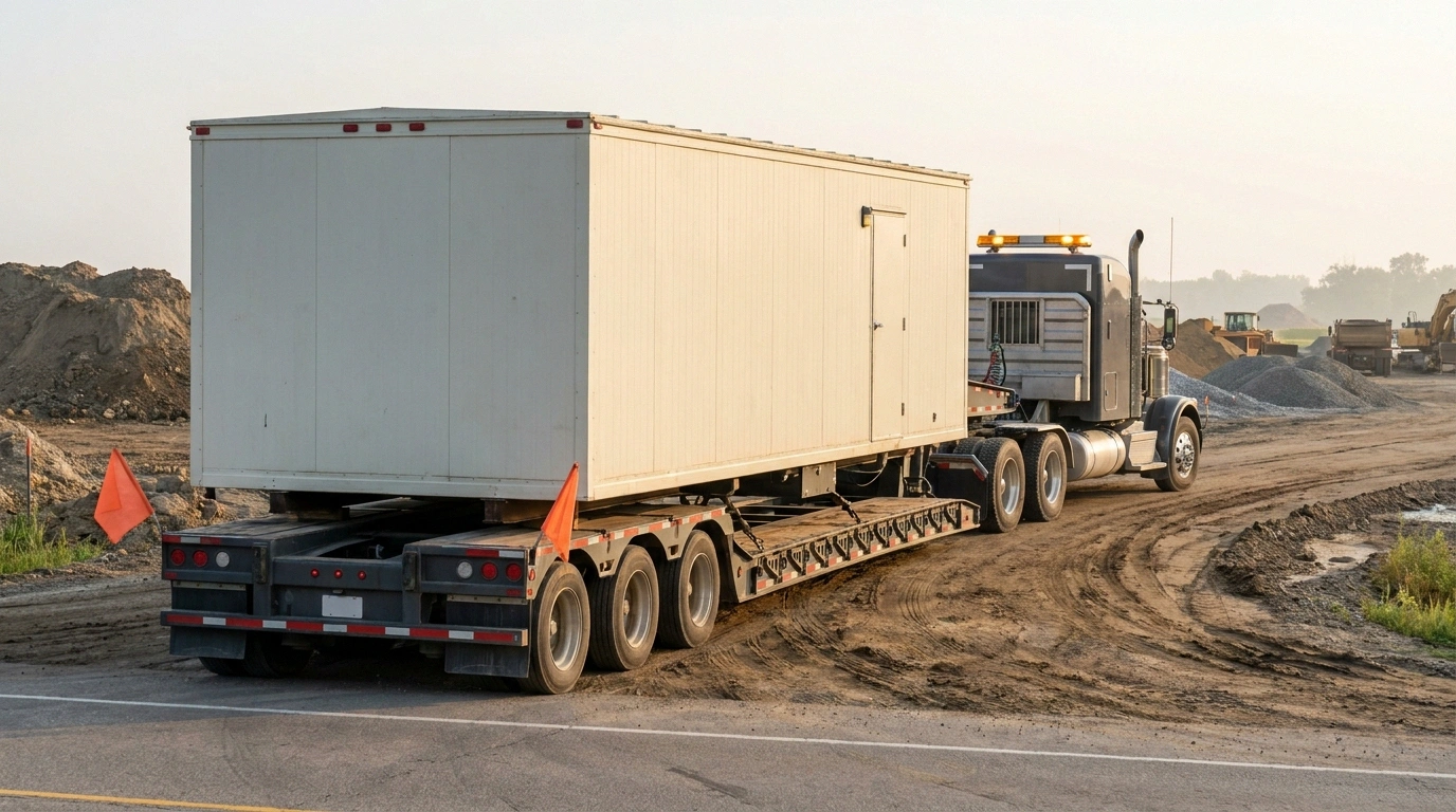 A wide office trailer being delivered on a flatbed hauler, illustrating a state-level oversize transport permit