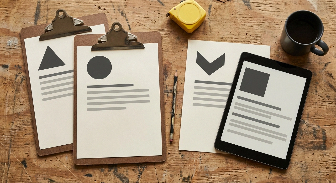 Three unbranded quote sheets and a tablet on a jobsite table, each letterhead an abstract geometric shape, for side-by-side comparison.