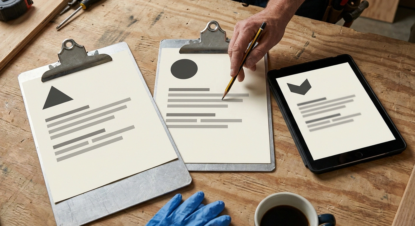 Two clipboards and a tablet showing three anonymized office trailer quote sheets side-by-side for a Baltimore project