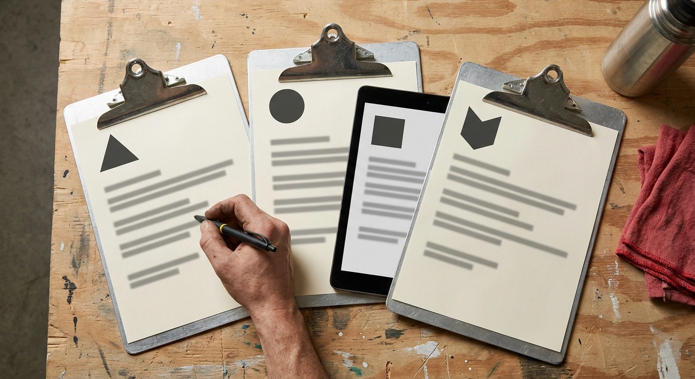 Three clipboards and a tablet showing four anonymized office trailer quote sheets side-by-side for a Boise-area project comparison