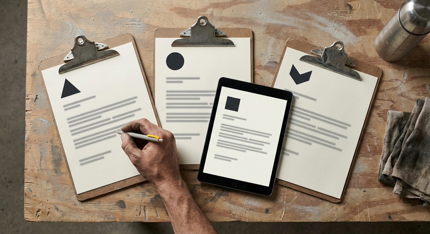 Three clipboards and a tablet showing anonymized office trailer quote sheets side-by-side for a Cincinnati Tri-State project