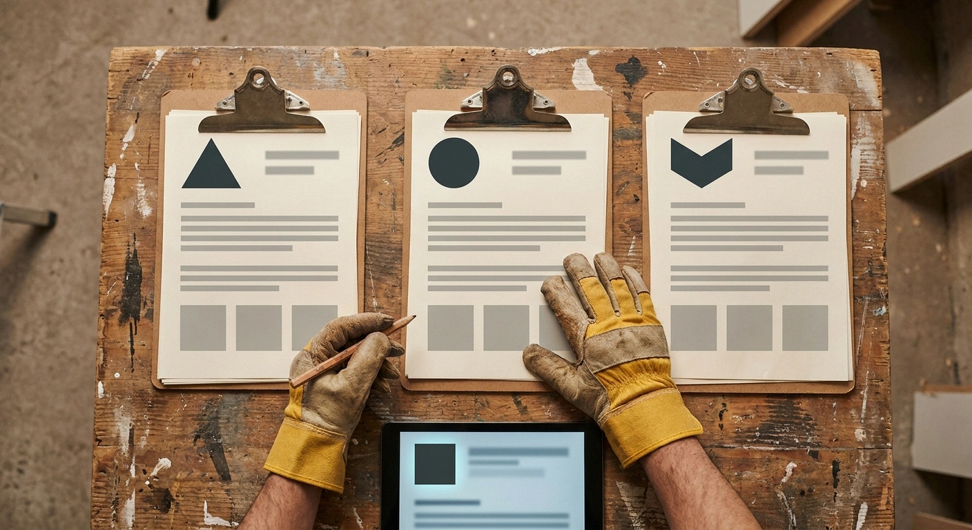 Three side-by-side Cleveland office trailer quote sheets compared on a jobsite table