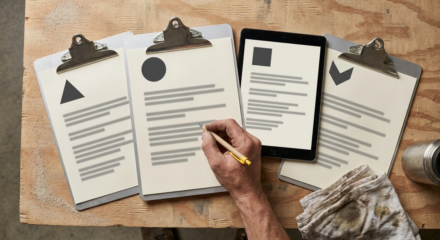 Three clipboards and a tablet showing anonymized office trailer quote sheets side-by-side for a Colorado Springs project