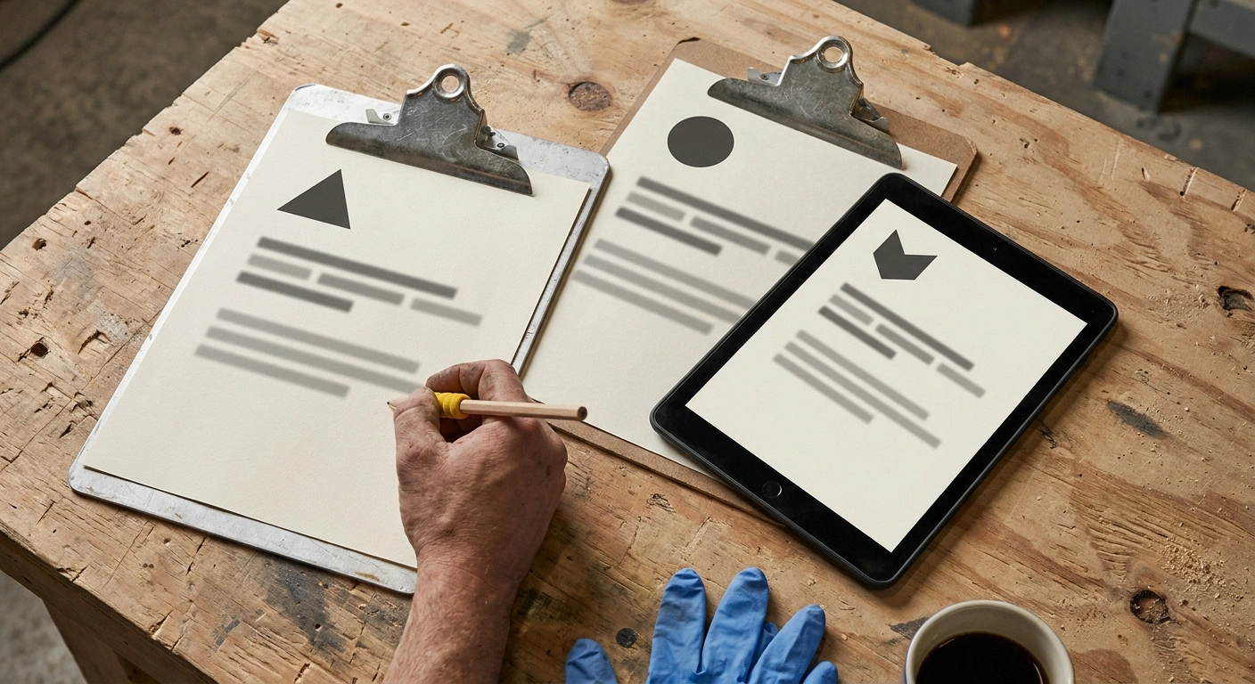Two clipboards and a tablet showing three anonymized office trailer quote sheets side-by-side for a Metro Detroit project