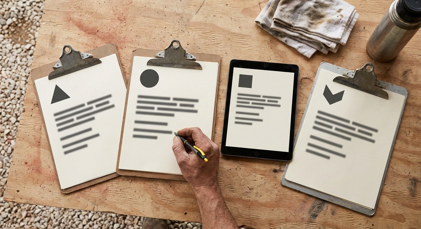 Three clipboards and a tablet showing anonymized office trailer quote sheets side-by-side for a Durham North Carolina Research Triangle project