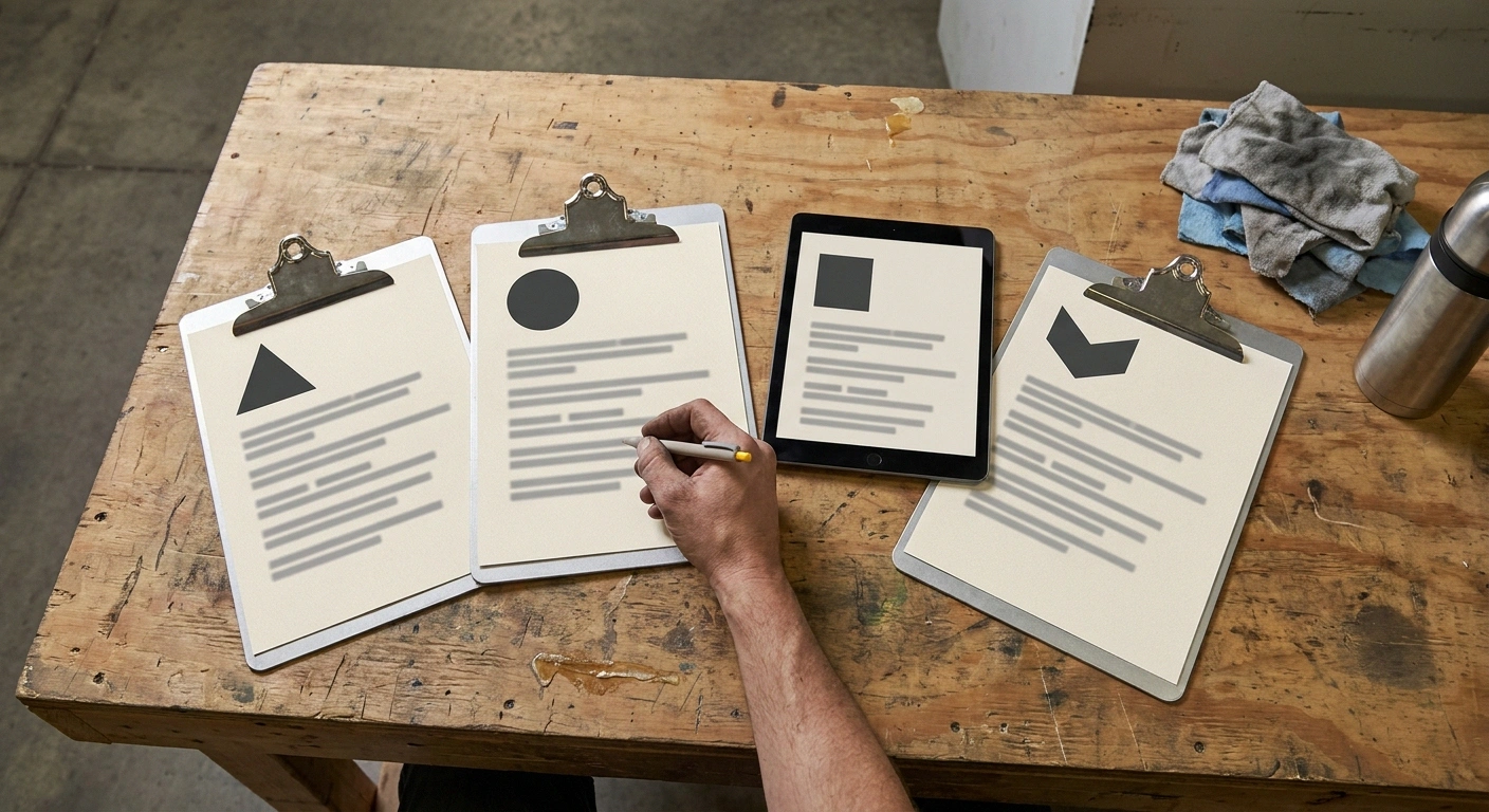 Two clipboards and a tablet showing three anonymized office trailer quote sheets side-by-side for a Greensboro project