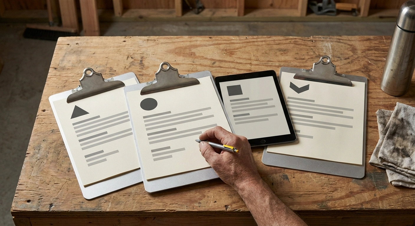 Three clipboards and a tablet showing four anonymized office trailer quote sheets side-by-side for a Houston project