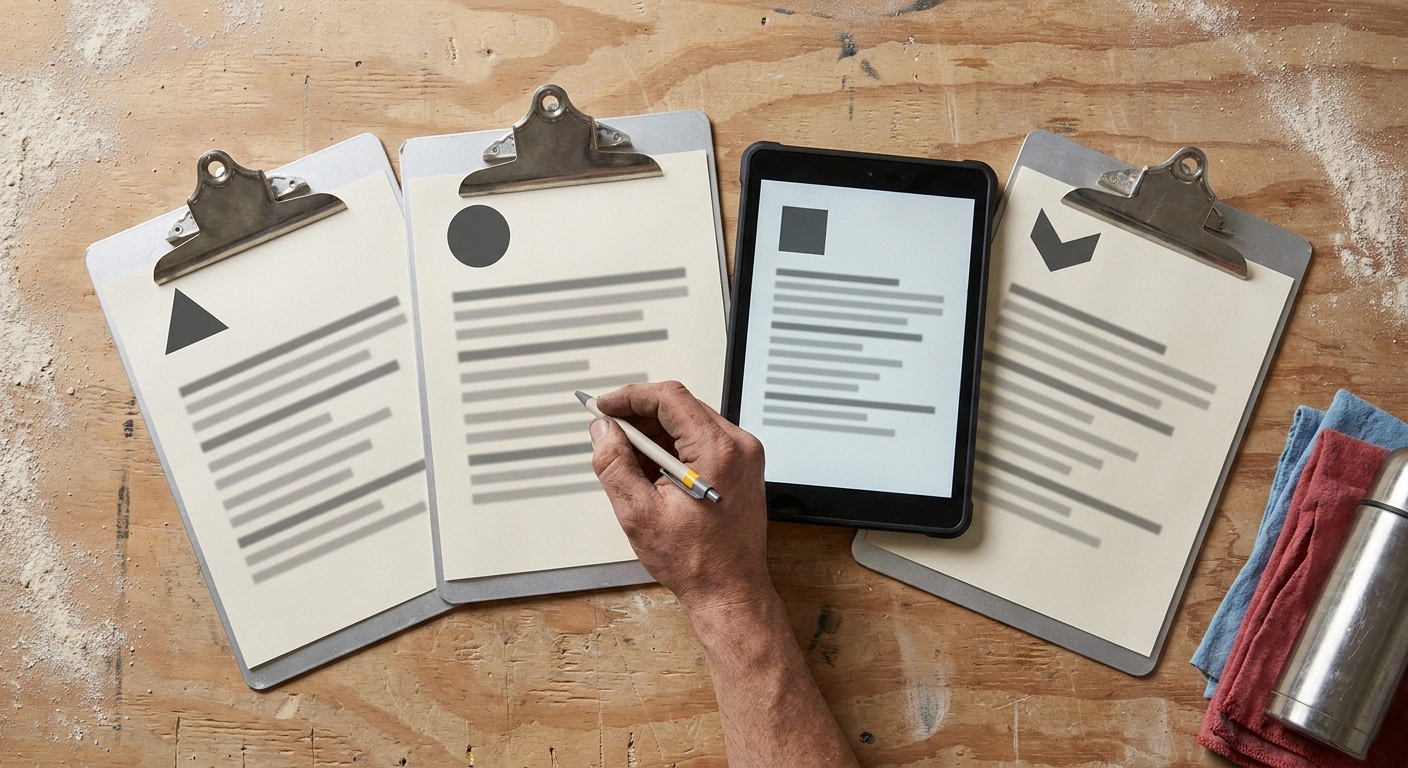 Three clipboards and a tablet showing anonymized office trailer quote sheets side-by-side for a Midland Texas project