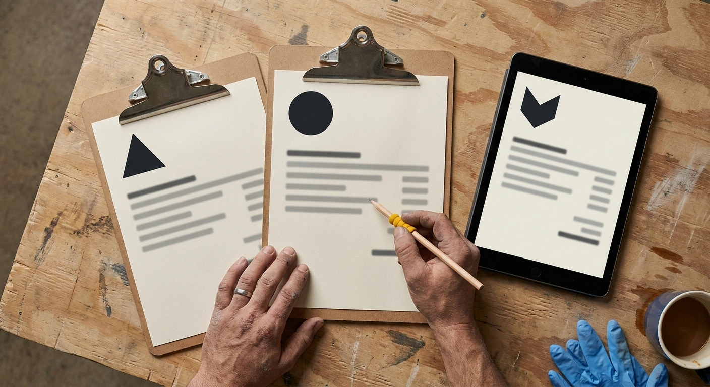 Two clipboards and a tablet showing three anonymized office trailer quote sheets side-by-side for an Omaha project