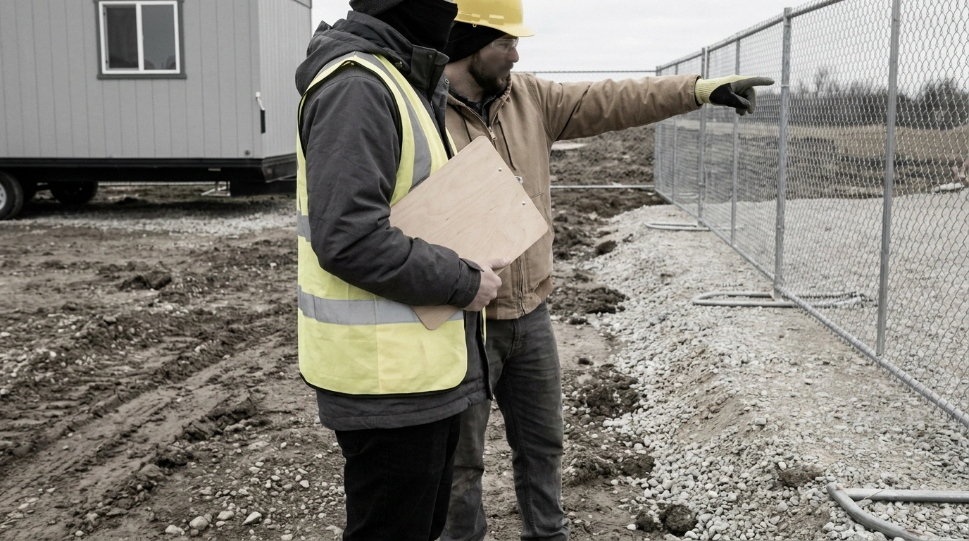 A supplier representative and a contractor standing at the edge of a graded pad reviewing placement near a boundary fence, gesturing toward the property line, no readable text