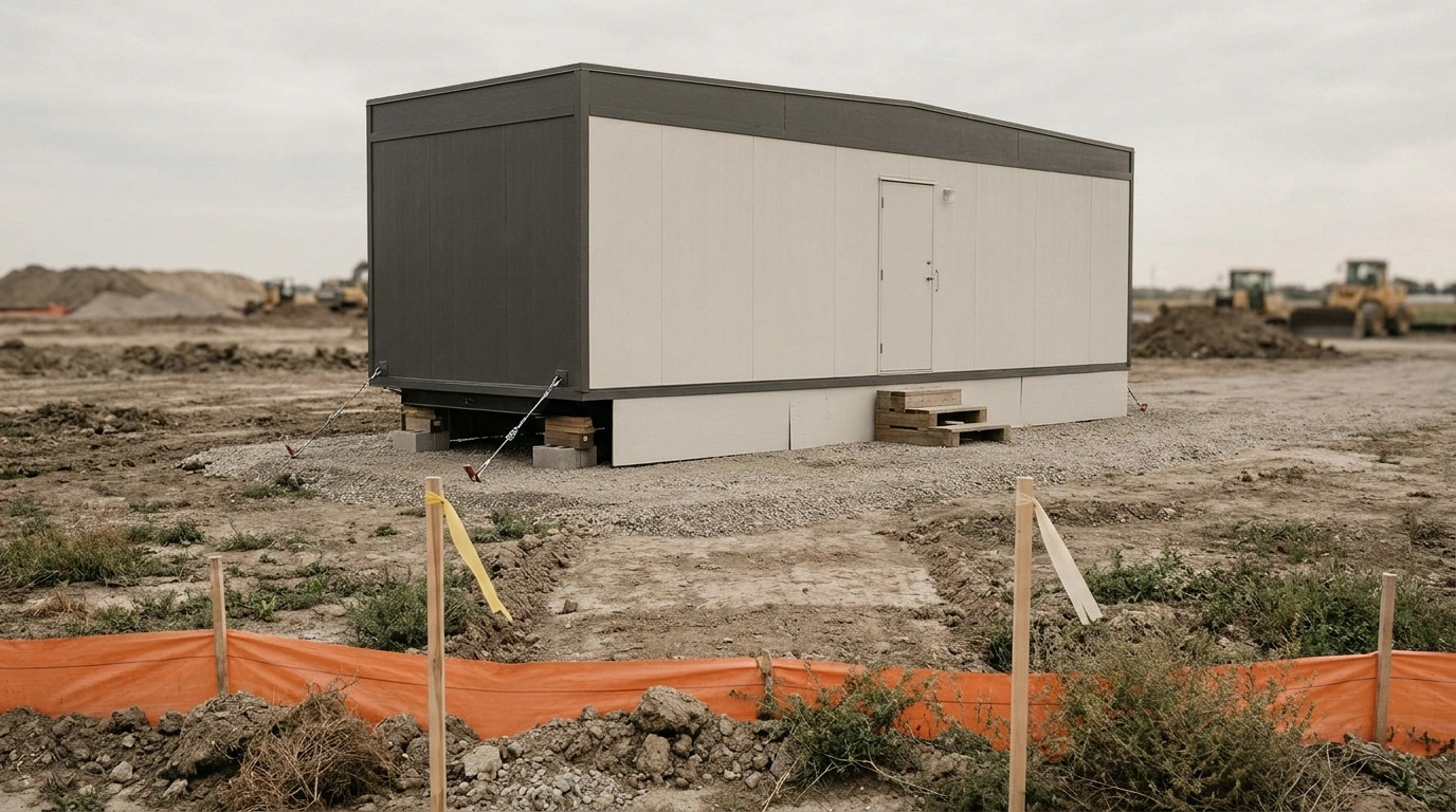 A construction office trailer set back from a marked property line with silt fence and survey stakes on a graded pad, illustrating a zoning setback