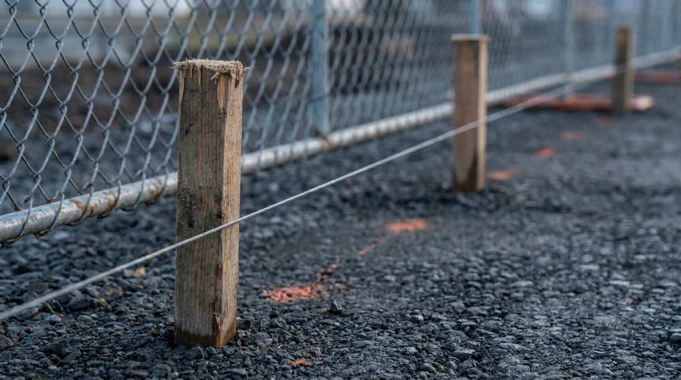 A close-up of wooden survey stakes and a taut string line marking a measured offset from a boundary fence on a gravel pad, no text or numbers visible