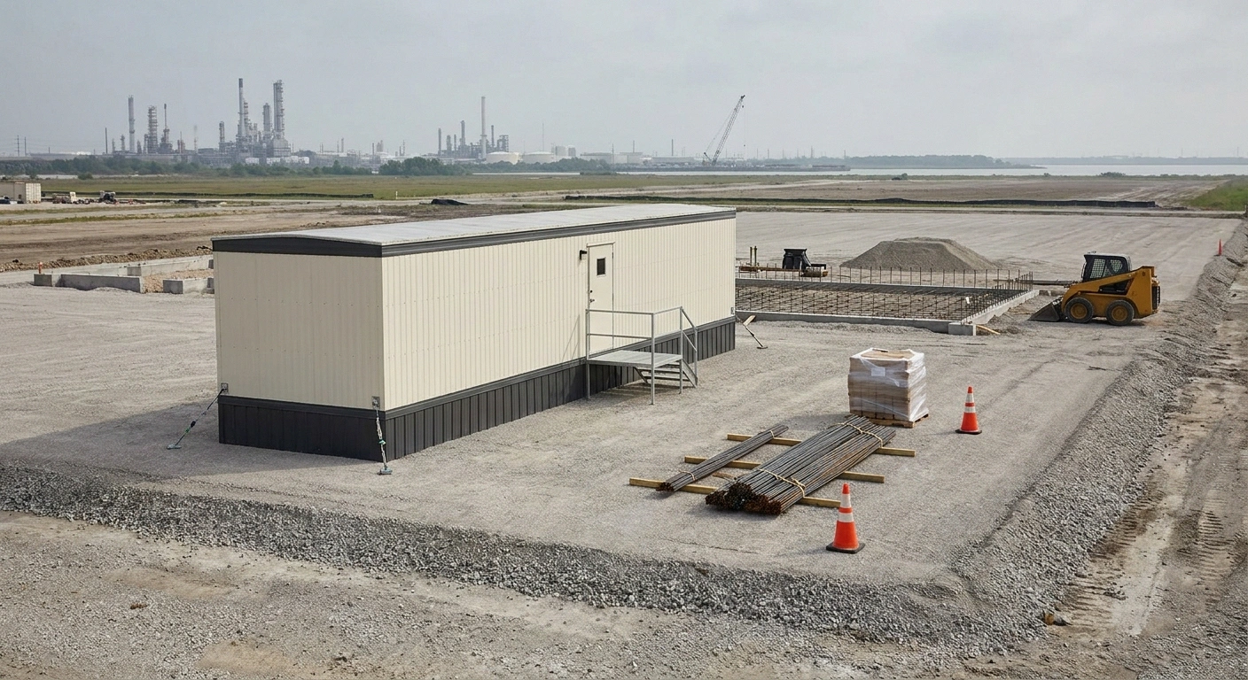 Houston Ship Channel corridor petrochemical jobsite with a 12x60 wide-body office trailer staged on a leveled gravel pad near a plant perimeter