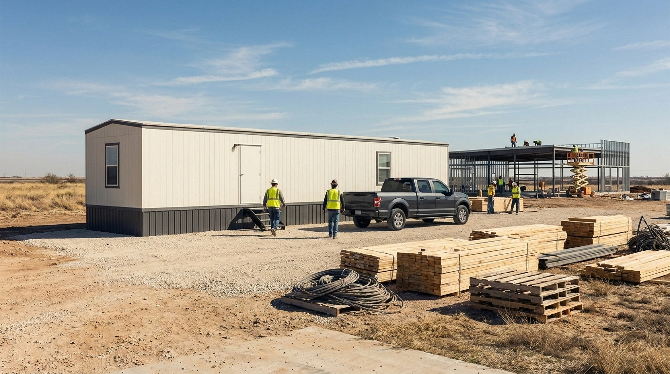 Texas commercial jobsite with an office trailer staged on a compacted-gravel pad, flanked by a work truck and laydown yard