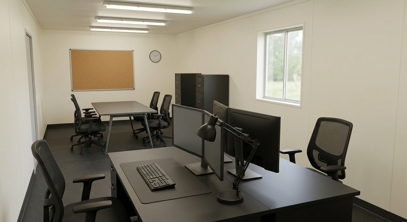 Interior of a 10x40 office trailer set up as a project HQ with a desk, two monitors, and a small conference end.