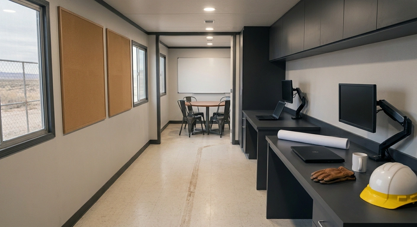 Interior of a 10x40 office trailer configured as a Boise project headquarters with desks, monitors, and a conference end
