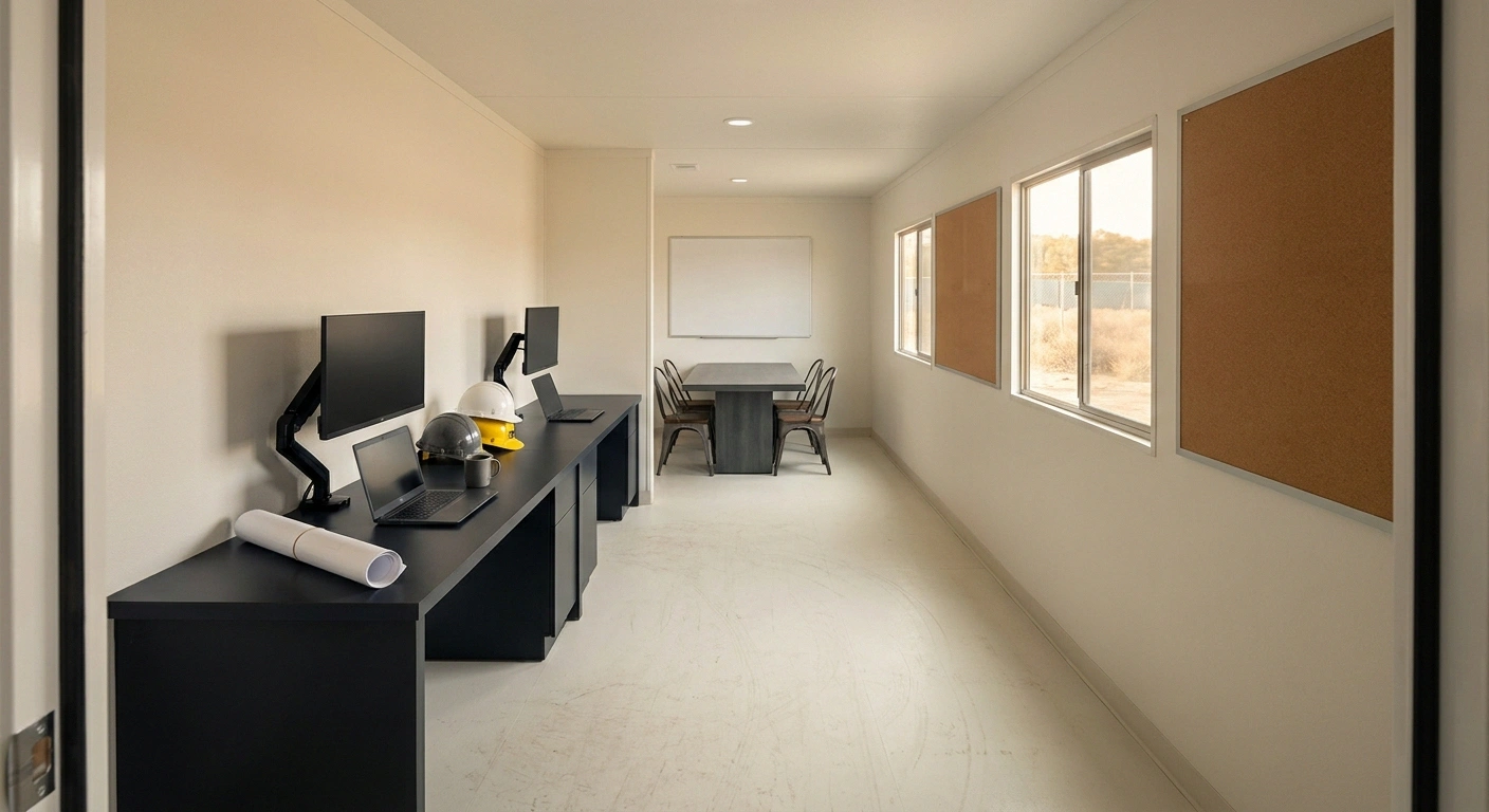 Interior of a California project HQ office trailer with desks, monitors, and a conference end