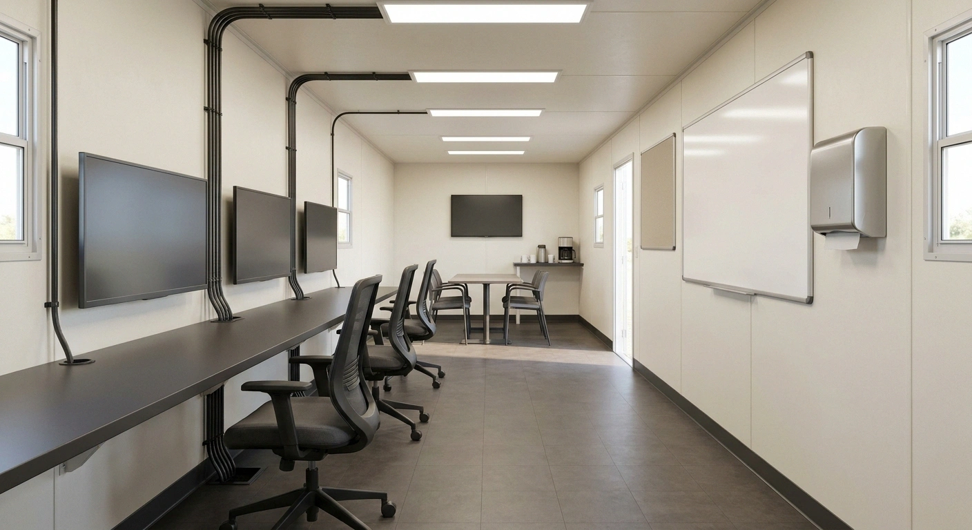 Interior of a 10x40 Corpus Christi office trailer set up as a project HQ with desk workstations monitors and small conference end
