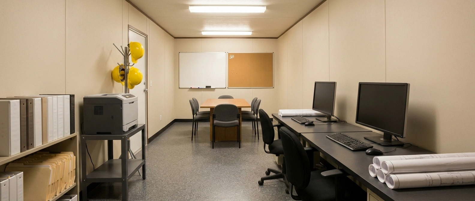 Interior of a 10x40 office trailer set up as a Cleveland project headquarters with workstations and a conference end