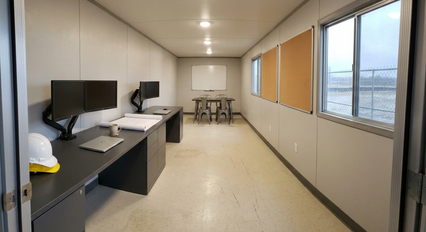 Interior of a 12x60 office trailer configured as a Metro Detroit project headquarters with desks, monitors, and a conference end