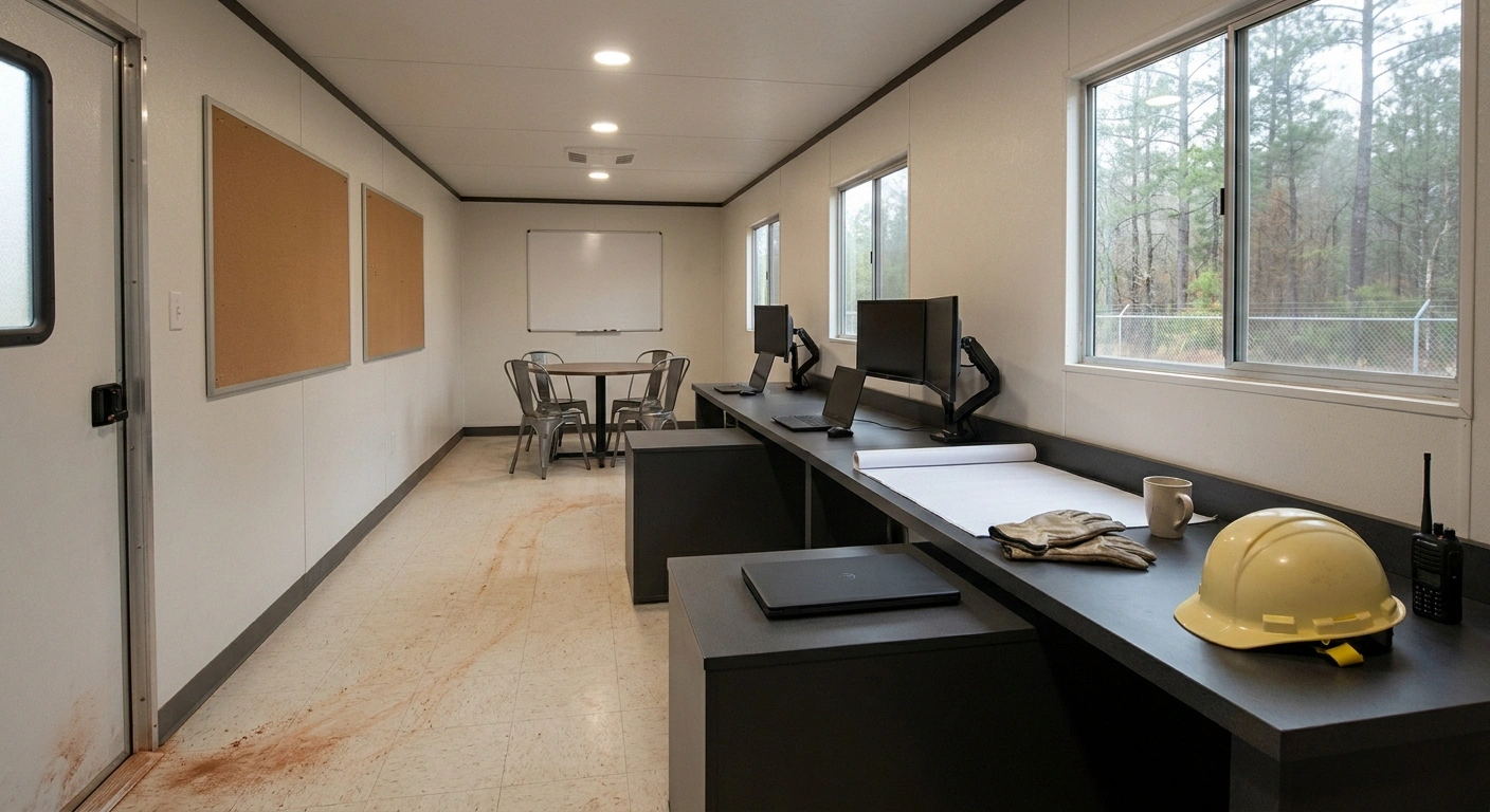 Interior of a 10x40 office trailer configured as a Research Triangle Park lab-campus expansion project headquarters with desks, monitors, hard hat, and a conference end