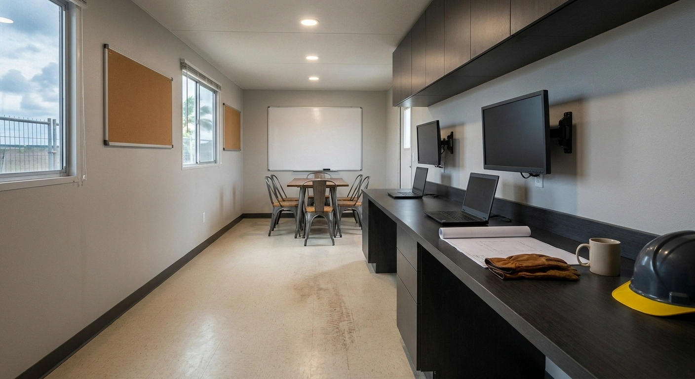 Interior of a 10x40 office trailer configured as an O'ahu project headquarters with desks, monitors, and a small conference end