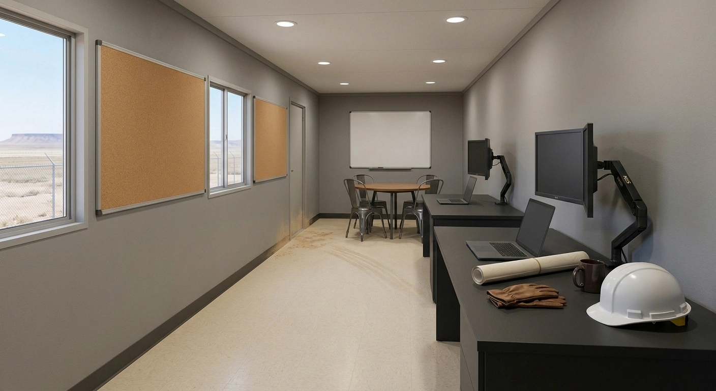 Interior of a 10x40 office trailer configured as a Permian Basin project headquarters with desks, monitors, hard hat, and a conference end