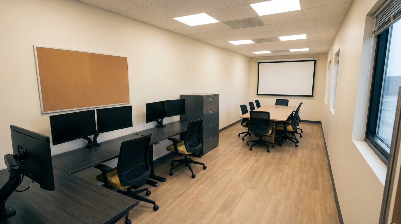 Interior of an Ohio project HQ office trailer with desks, monitors, and a conference end